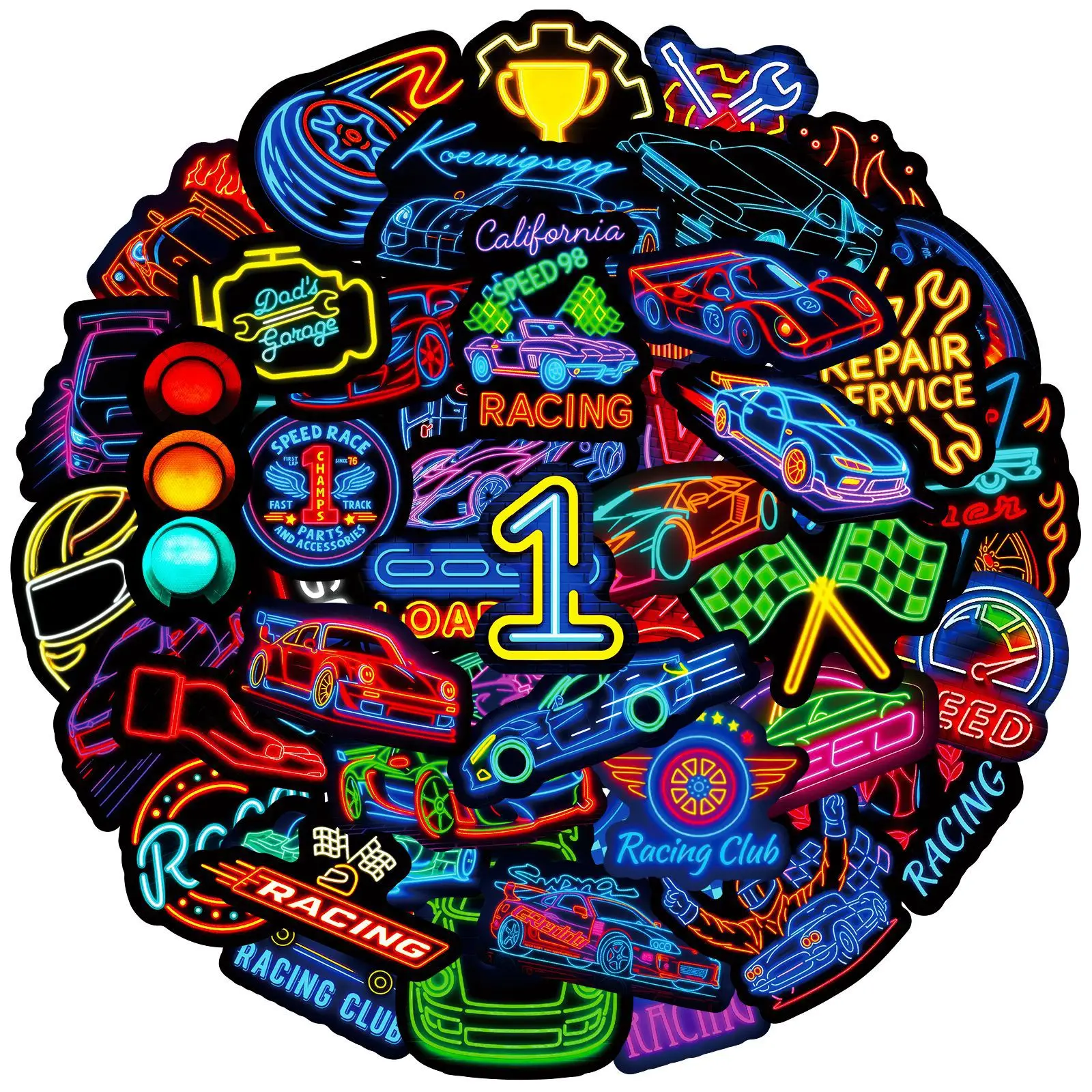 AliExpress NONE 50Pcs Neon Racing Car Club Stickers Classic Cool Graffiti Sticker Skateboard Luggage Phone Bike Cartoon Decals Decoration