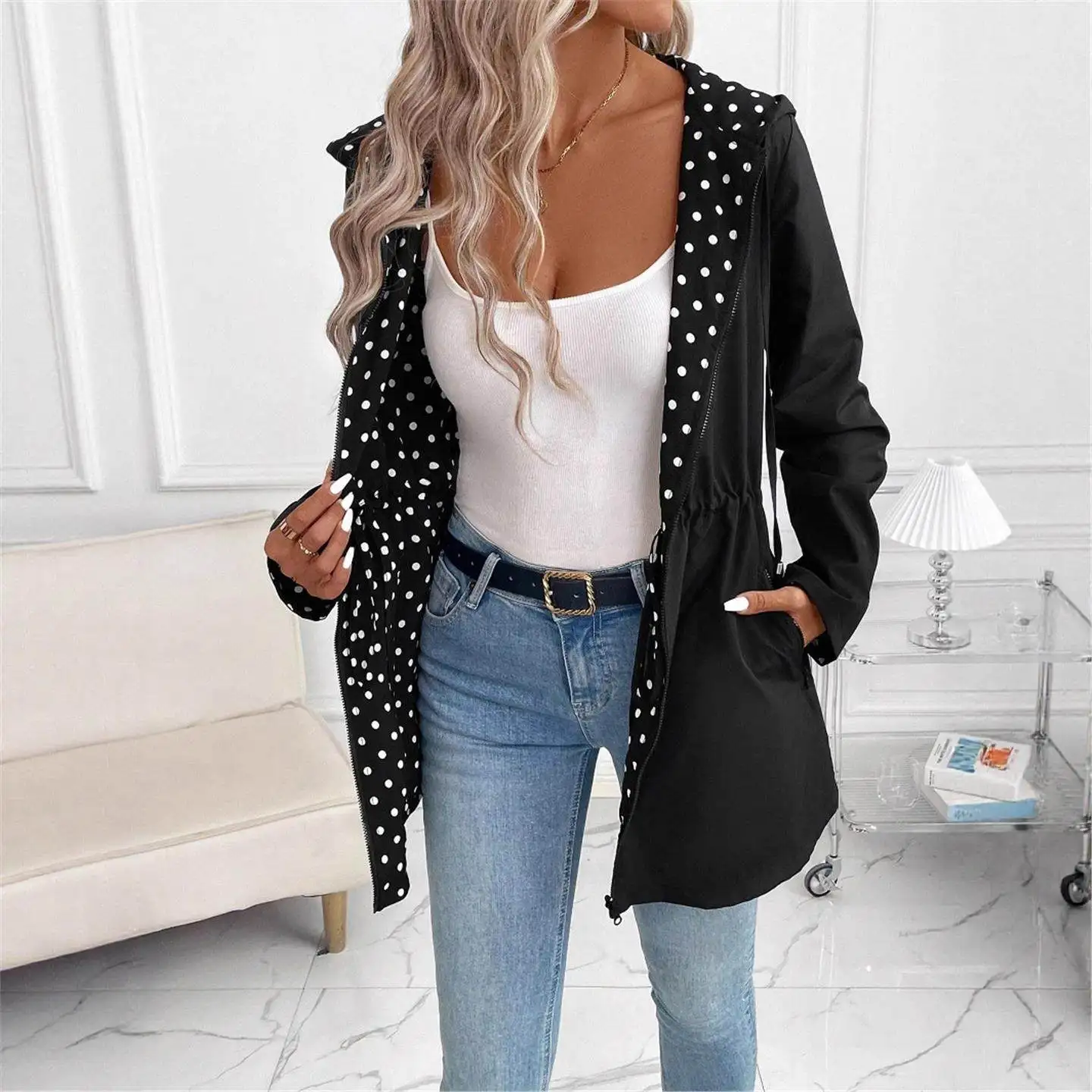 Sudadera larga informal con estampado de leopardo Jaet y cremallera con capucha de doble cara para mujer con cinturón corte holgado europeo Sle