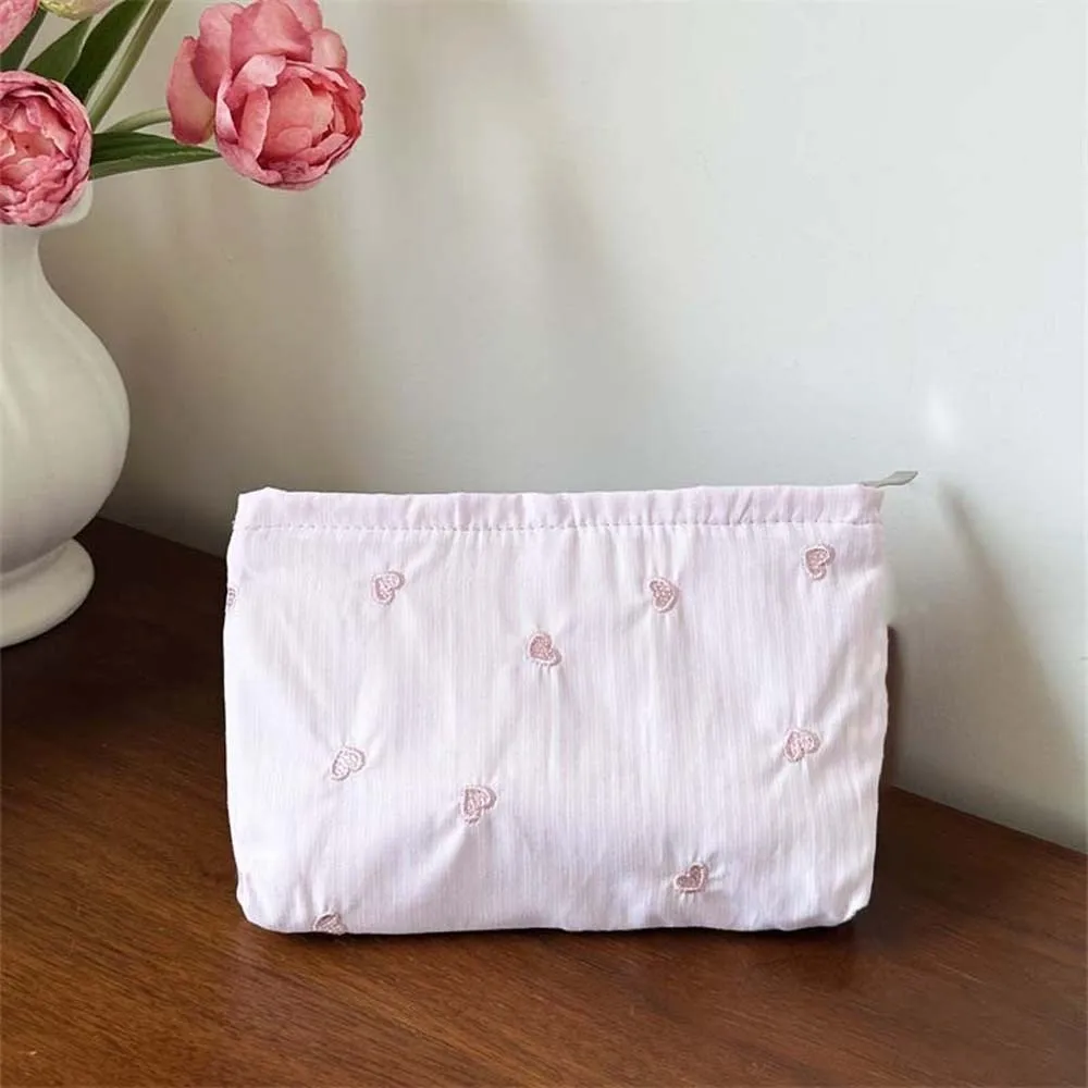 Classic Stripes Makeup Pouch Soft Canvas Embroidered Pattern Cosmetic Organizer Compact Size Lightweight Toiletry Bag Teen Girls