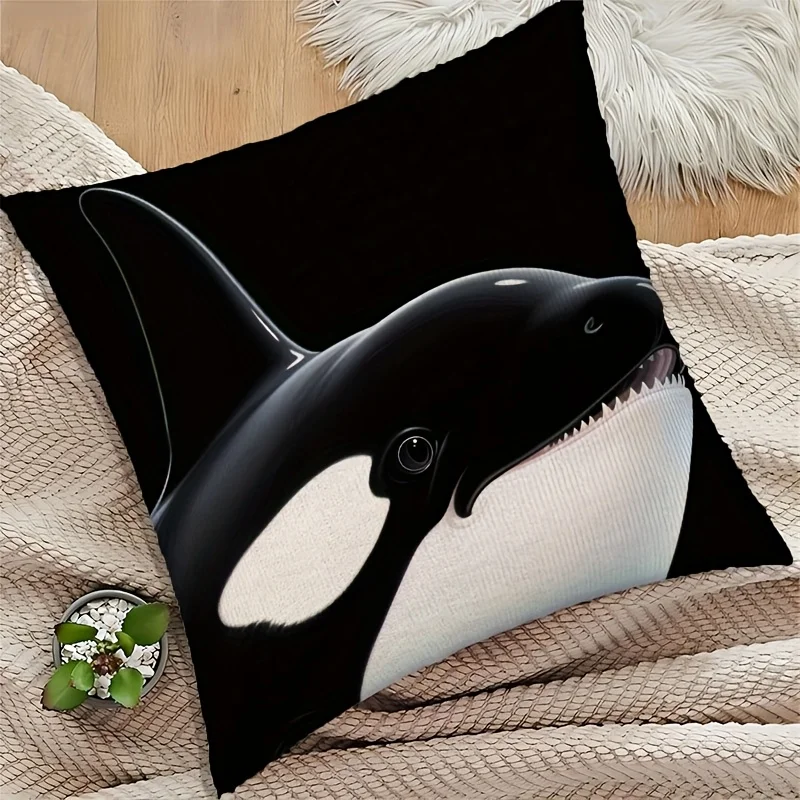 Realistic Orca Whale Pillowcase, Black and White Marine Animal Cushion Cover, Ocean Life Home Decor, Square Throw Pillow Case