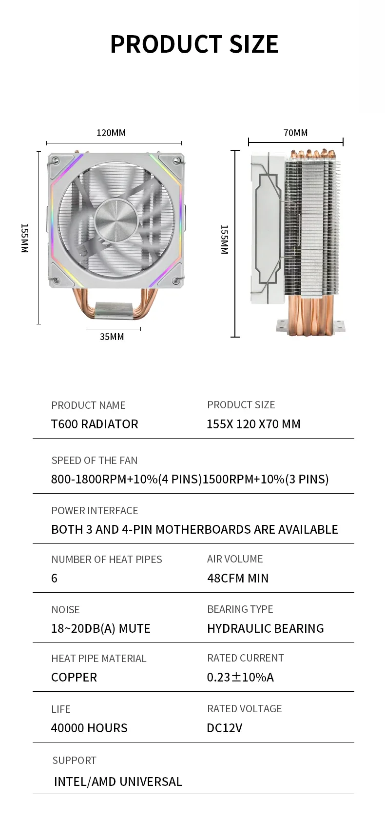 Cool Storm High Quality 120mm Mute LED Colorful Light CPU Cooling Fans 6 Copper Tubes Gaming Computer CPU Cooler Fans factory 2