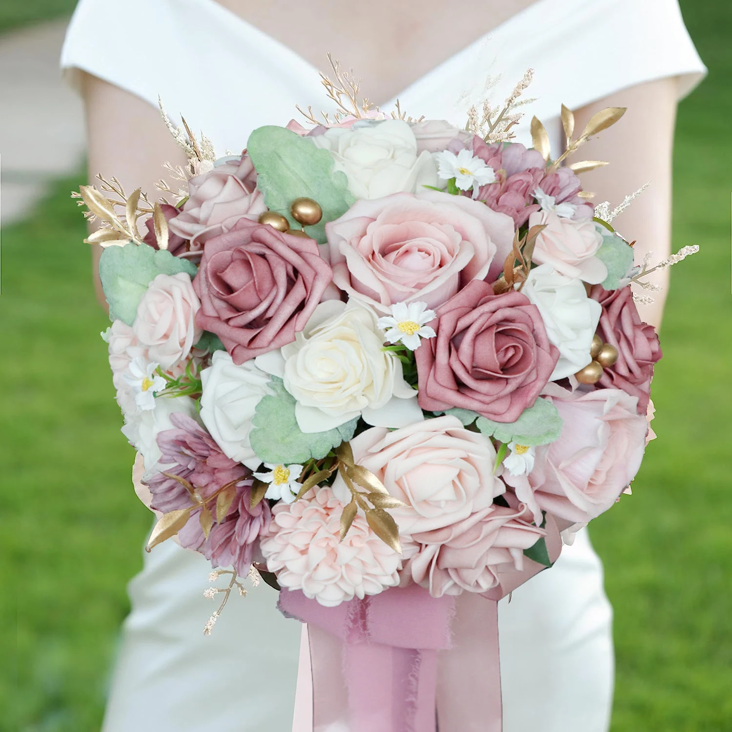 Yannew Dusty Rose Artificial Flower Bridal Bouquets for Bride Tossing Bouquet Rustic Wedding Ceremony Anniversary Decoration