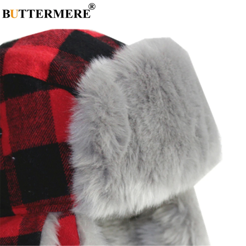 BUTTERMERE Winter Hats for Men Women Red Plaid Trapper Hat Earflap Cashmere Warm Thick Hunter Snow Ski Brand Fur Russian Cap