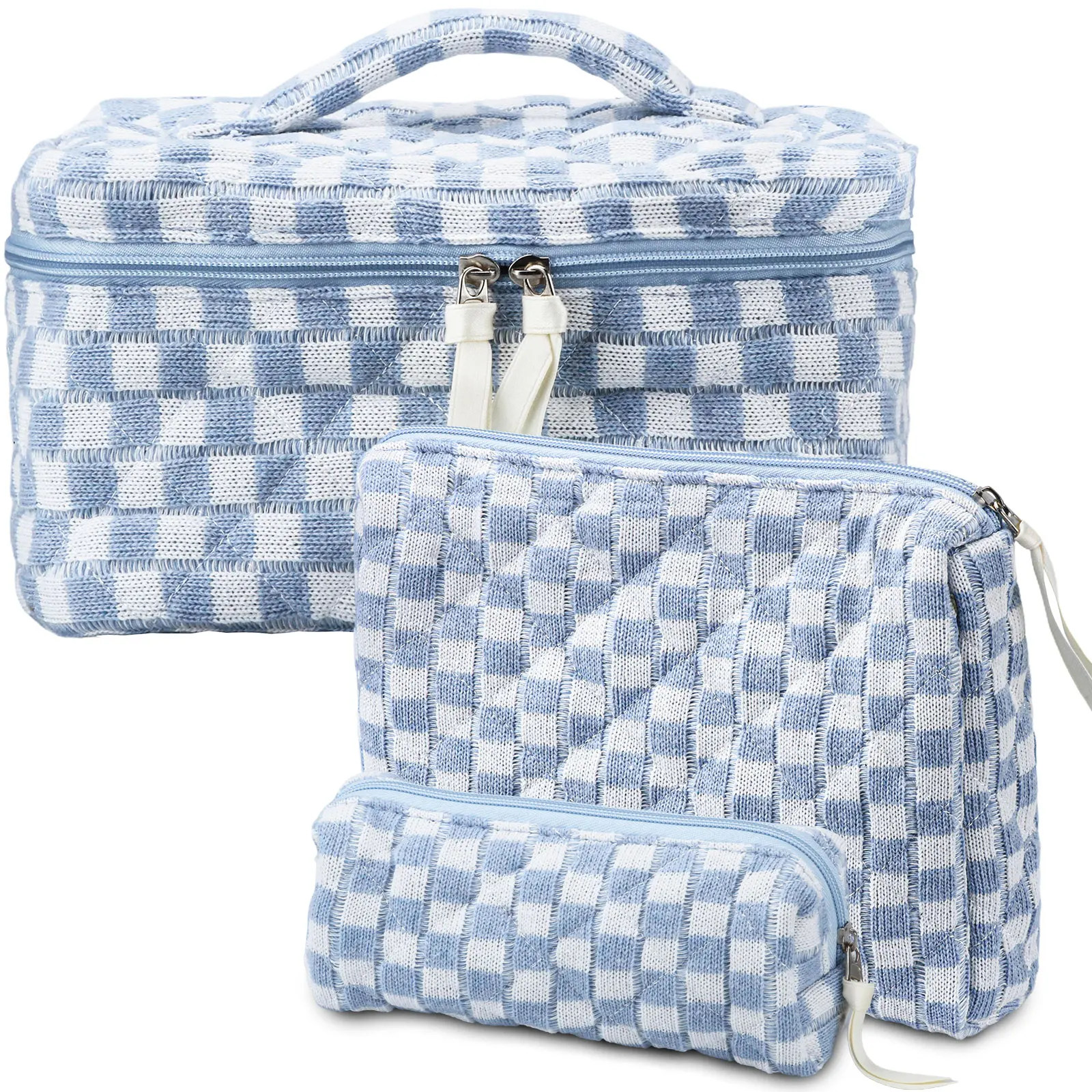 

Fashion Vintage Checkerboard Women Makeup Bag Knitted Tote Portable Female Cosmetic Storage Handbag Travel Organizer Zipper Bag