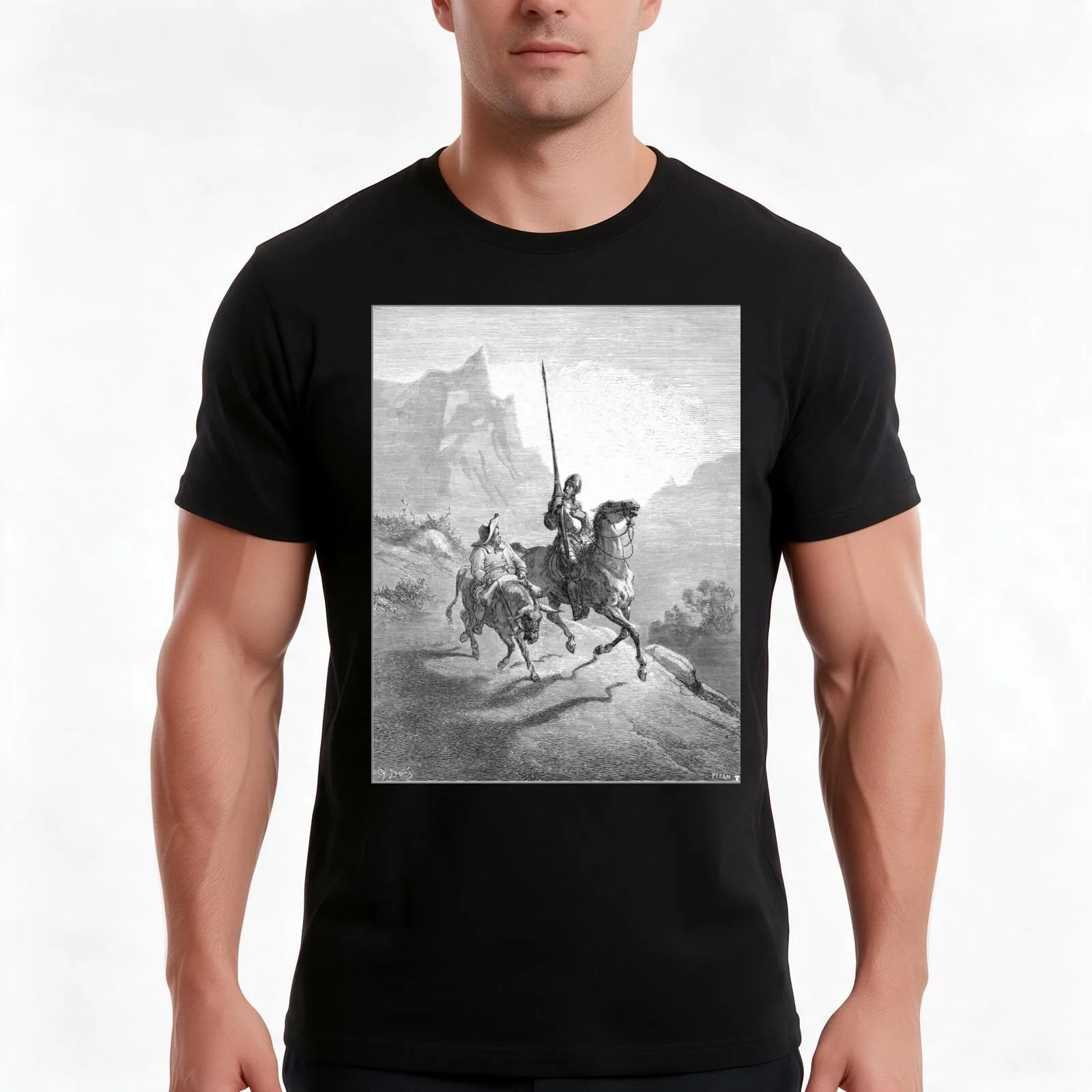 Don Quixote And Sancho Setting Out Gustave Dore 1863 T-Shirt, Summer Casual Cotton Tee, Oversized Streetwear Tops, 100% Cotton