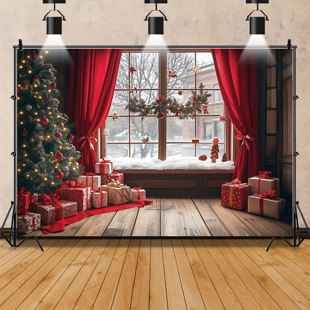 عيد الميلاد سانتا كلوز التصوير خلفية نافذة ستارة حمراء شجرة عيد الميلاد هدية الأسرة الطرف الديكور خلفية استوديو الصور