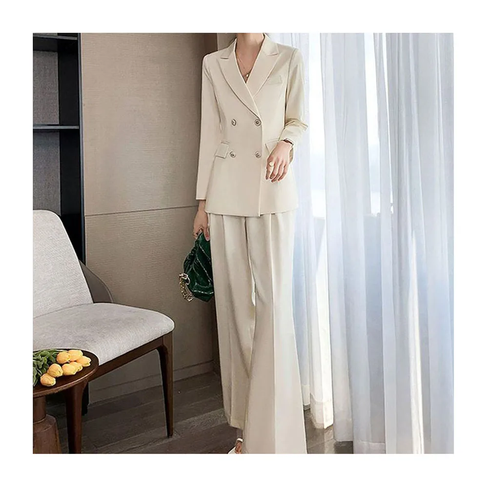 

High Quality Beige Suits for Women Double Breasted 2 Pieces Jacket Pants Blazers Sets Female Slim Fit Office Lady Clothing