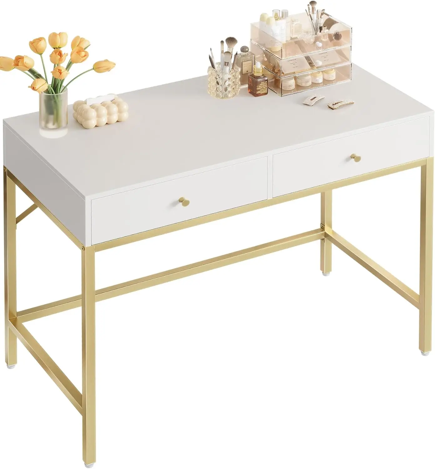 

White and Gold Desk with 2 Drawers, Modern Vanity Makeup Table for Home Office