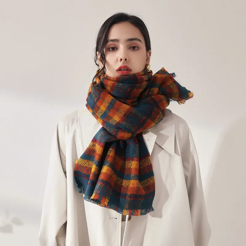 Fashion Plaid Tassel Scarf Female Korean Sweet Imitation Cashmere Scarfs Thickened Warm Shawl Suitable for Autumn and Winter