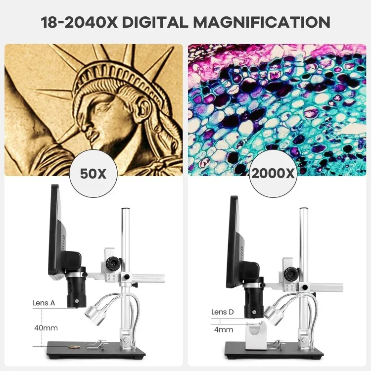 AD249S-M 10.1 Inch HDMI Digital Coin Microscope 2000x for Adults, 3 Lens 2160P UHD Video Record