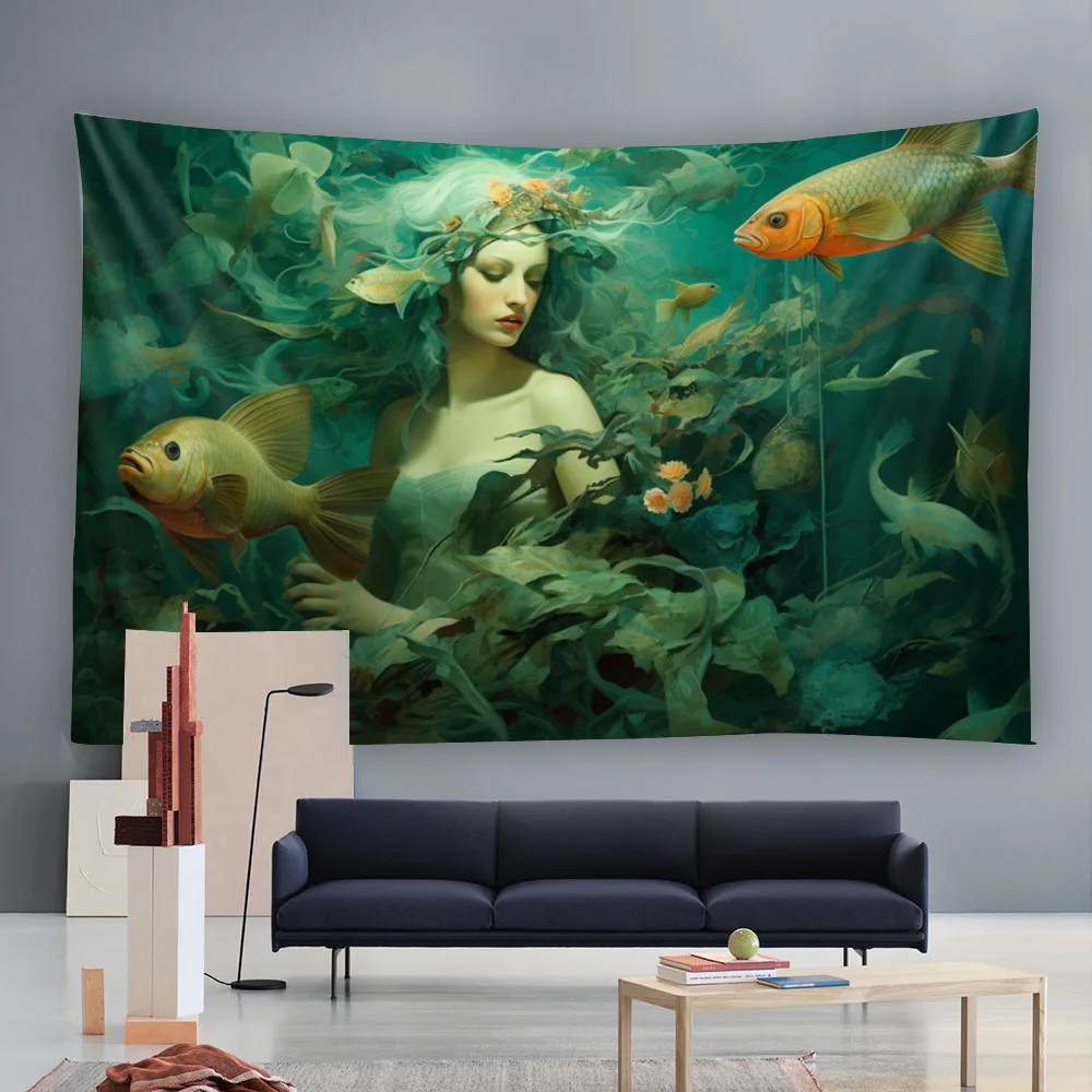 Fantasy Underwater Dolphin & Fish Oil Painting Tapestry Wall Decor Art Living Room Home Decorative Hanging Fabric Tapestries