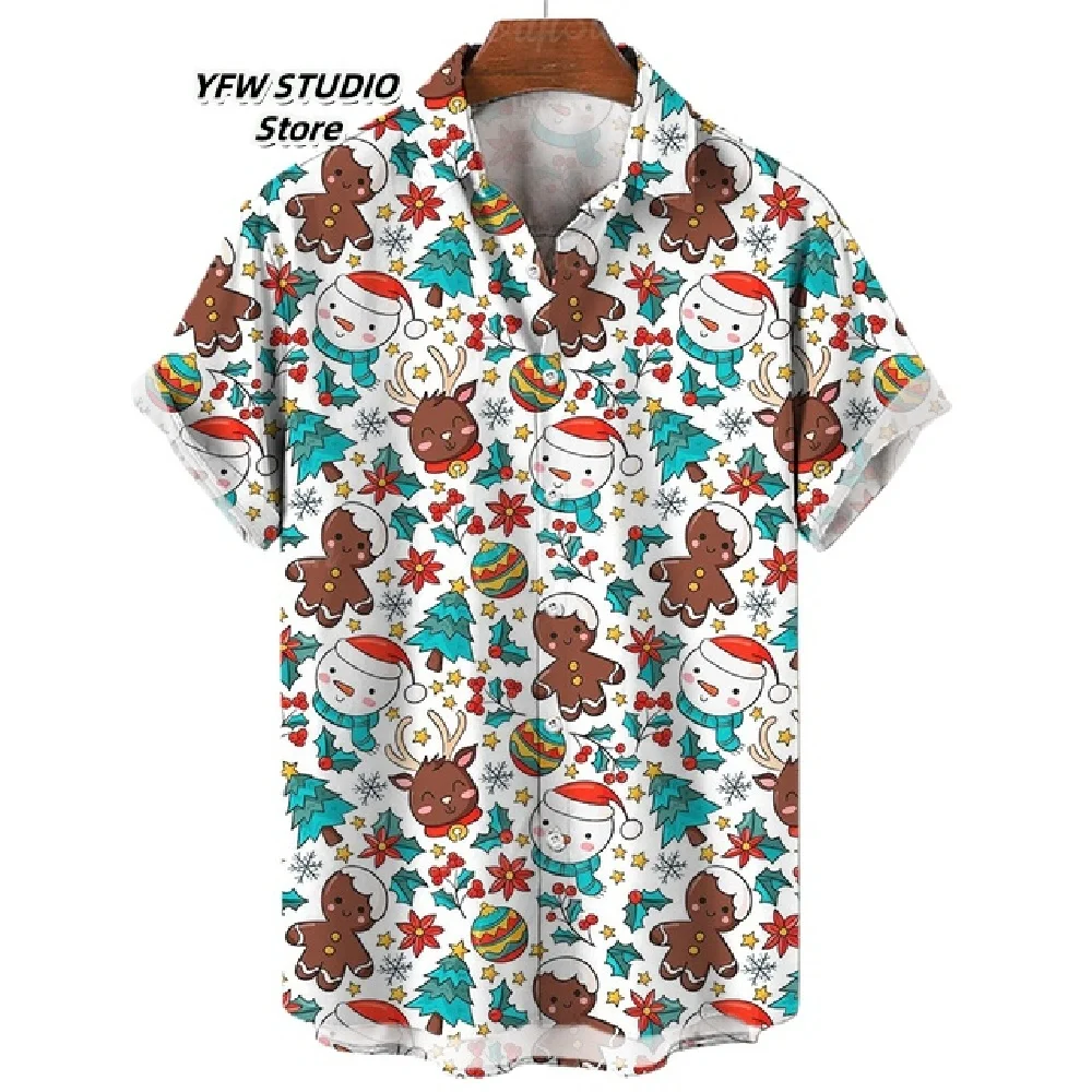 Xmas New Year Gingerbread Christmas Hawaiian Shirt Men's 3D Snowman Print Street Short Sleeved Loose Clothes for Women Clothing