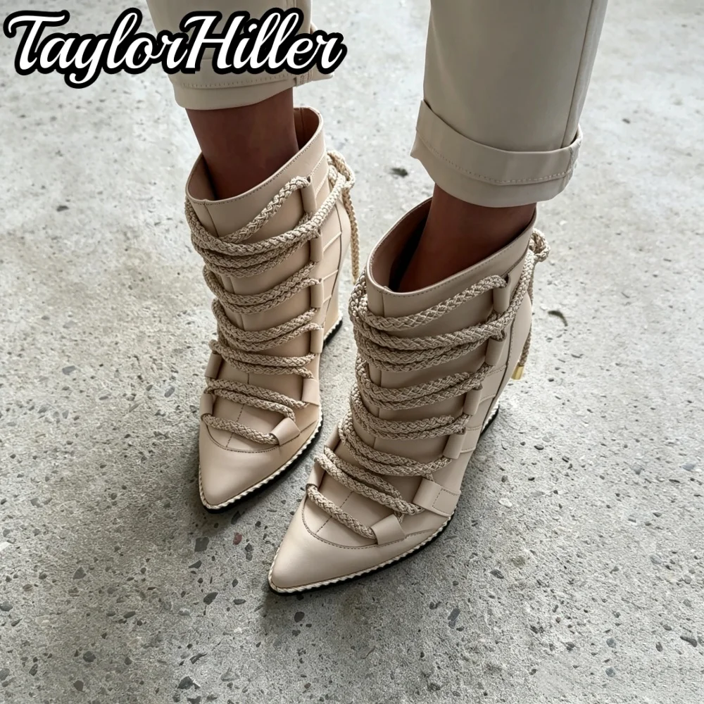 Damen-Stiefeletten mit spitzer Zehenpartie, Seil-Dekor, Schnürung, Stiletto-Absatz, römischer Stil, Party- und Club-Stiefeletten, gemischte Farben, Schuhe, Neuheit 2026