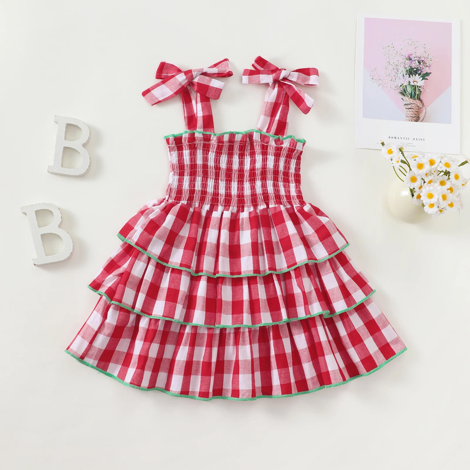 Girls Plaid Pattern Bow Tie Dress Infant Children's Clothing Polka Dot Print Skirt with Bow Detailing for Little Girls