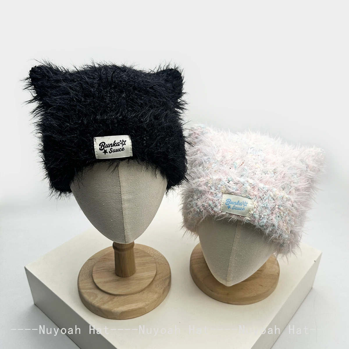 New Women Korean Cute Cat's Ears Patched Letters Plush Knitted Hats Warm Cartoon Fashion Sweet Beanies Outdoor Versatile Casual