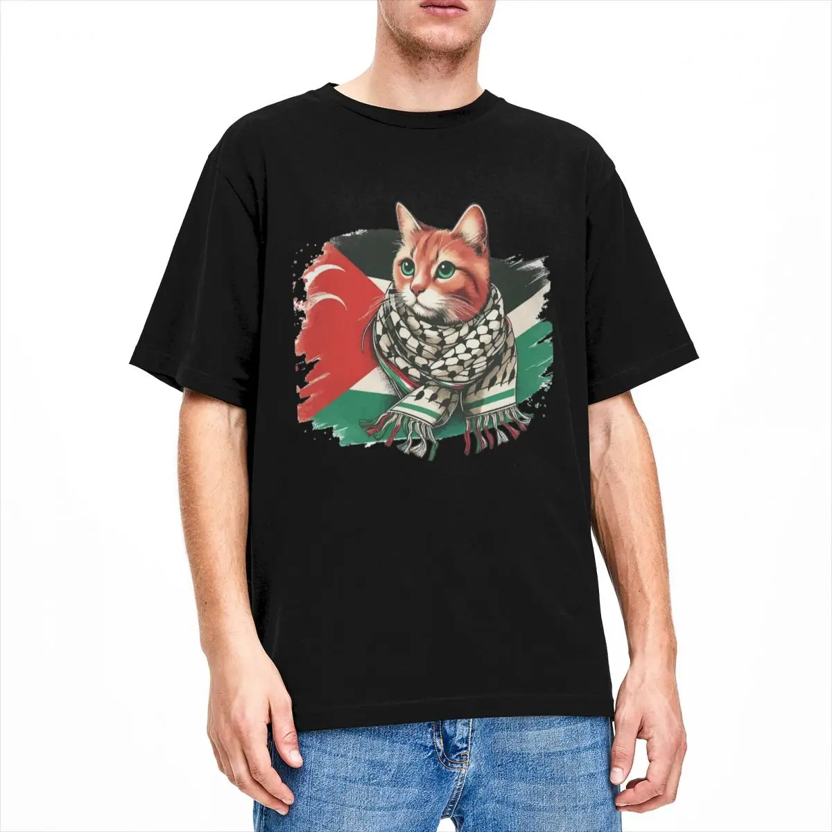 Palestinian Flag T-Shirt Summer Palestine Cat With Scarf Aesthetic T-Shirts Cotton Trending Tee Shirt Men Short Sleeve Top Tees