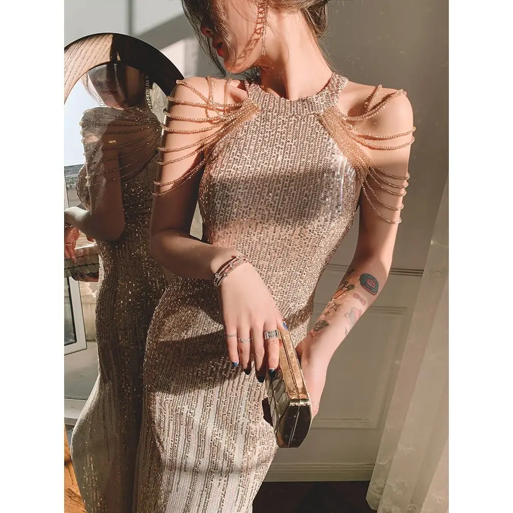 

RONGKUN Apricot silver tassel evening dress fishtail heavy birthday party dress long high-end texture host annual meeting