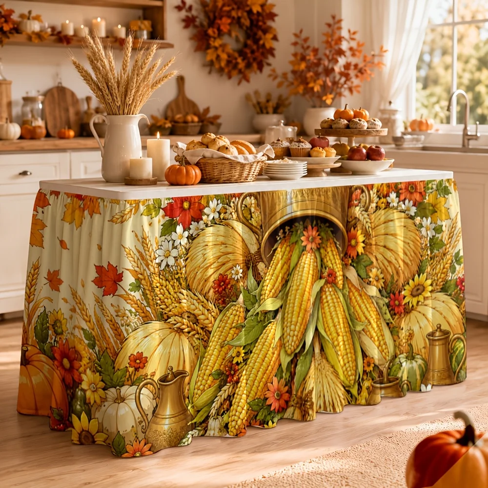 1 piece, autumn harvest corn pumpkin wheat golden pot wildflower leaf print table skirt