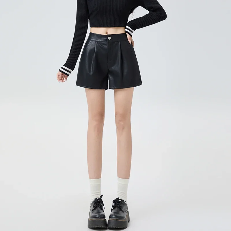 Short Mujer 2026 Fashion Autumn Winter Women Shorts High Waist PU Leather Wide-leg Shorts Women Pantalones Cortos Q6388