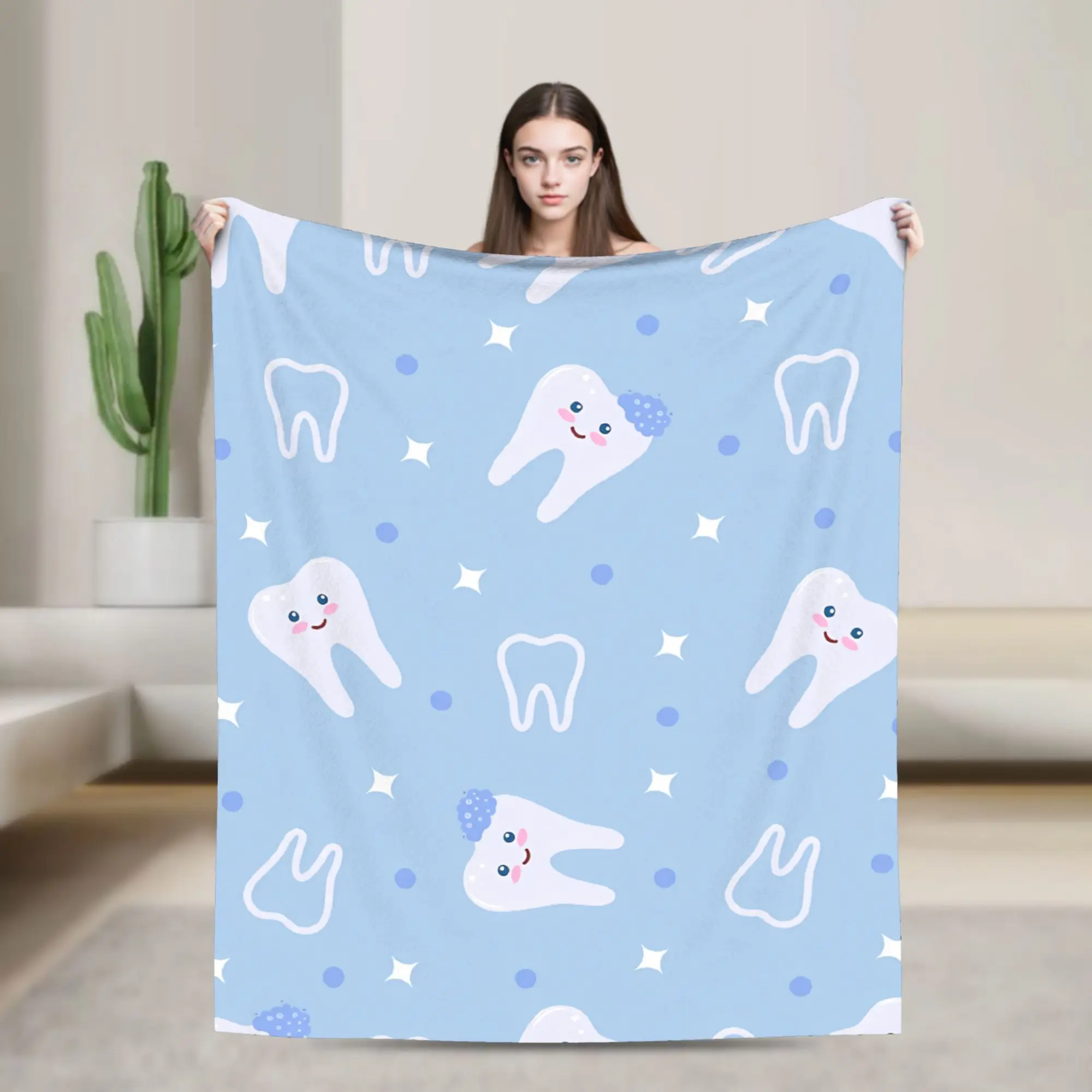 Cute Tooth Blue Rainbow Brush Blanket  Decorative Flannel Throw Blanket For Living Room Warm Soft Custom Quality Bedspread Gift