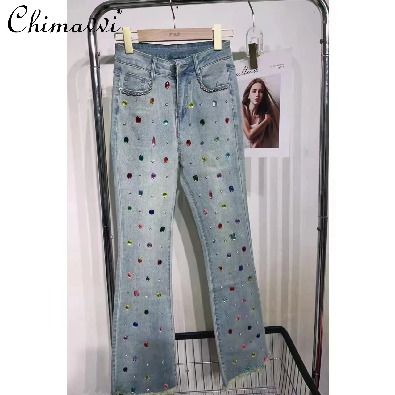 

Fashion Jeans Women's Autumn New Korean Style Sweet Heavy Industry Luxury Rhinestone High Waist Slim-fit Denim Pants Trousers