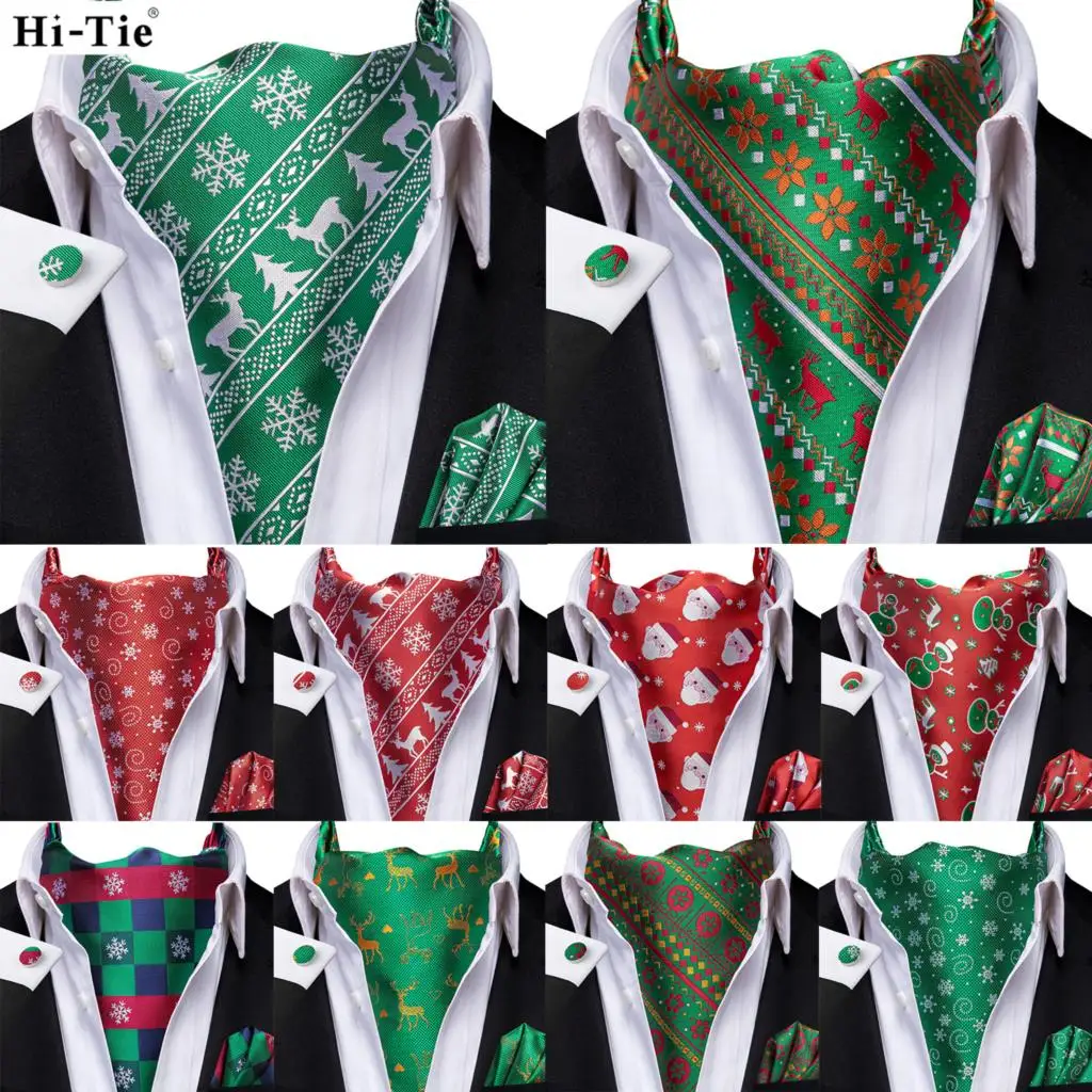 Hi-Tie Brand Jacquard Silk Christmas Mens Elegant Ascots Hankerchief Cufflinks Vintage Cravat Scarf For Male Party Xmas Gift