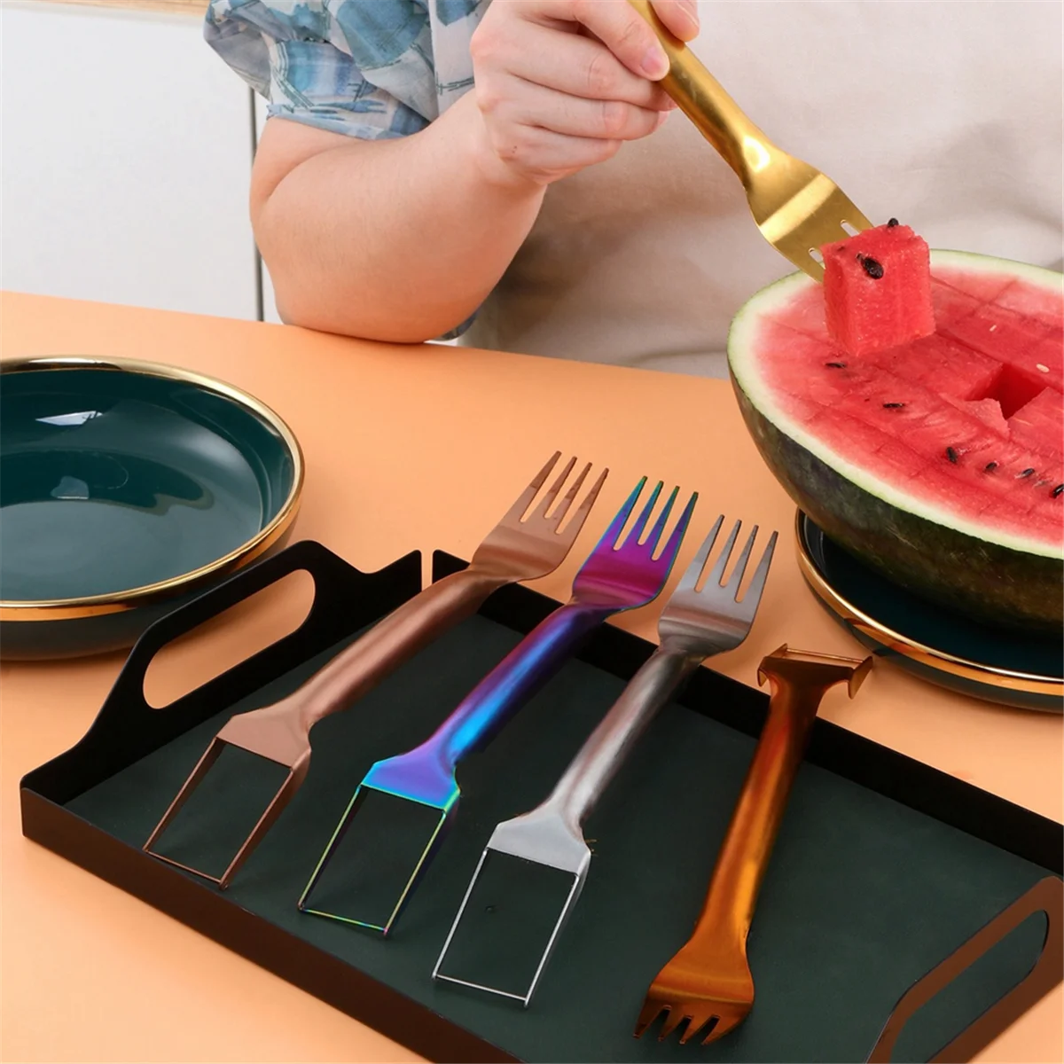 2-In-1 Stainless Steel Fruit Cutter, Dual Head Watermelon Cutter Slicer Tool, Portable Cutter Fork MulticolorJAS