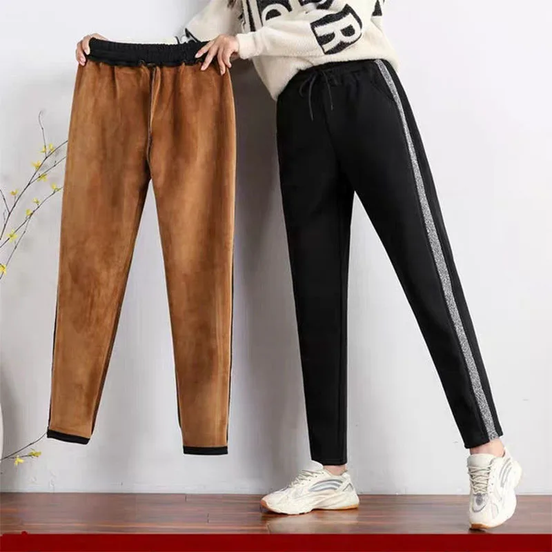 Korean Woman Autumn Winter Fleece Sweatpants Female Lace-up High Waist Fashion Elastic Band Warm Loose Casual Long Trousers 2022