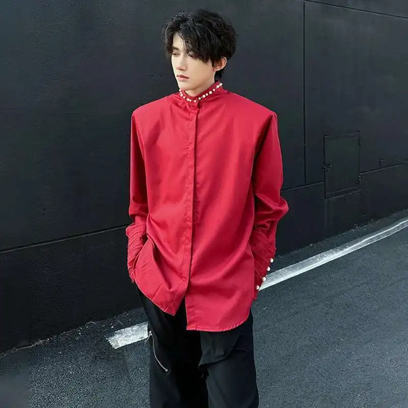 LUZHEN اللؤلؤ تزيين 2025 المرقعة الربيع الوقوف الرقبة جديد طويل الأكمام قمصان الرجال أنيقة بلون الذكور بلايز عادية JY4732 #4