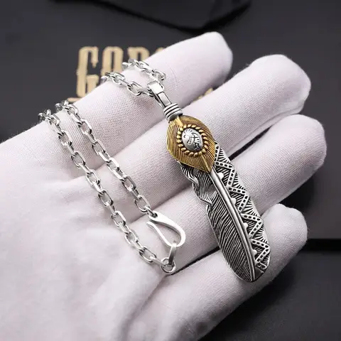 Takahashi Goro's Goro Thai Silver Vintage Gold-Plated Leaf Indian-Style Feather Pendant Couple's Necklace