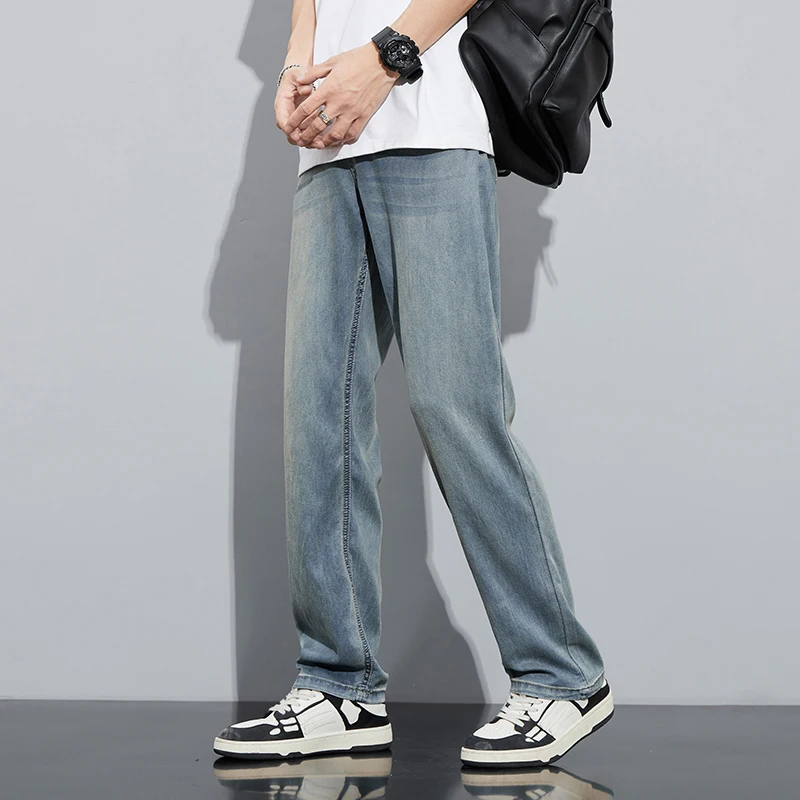 Thin Soft  Lyocell Fabric Men's Jeans Loose Straight Pants Drawstring Elastic Waist Korea Casual Trousers Summer Pants