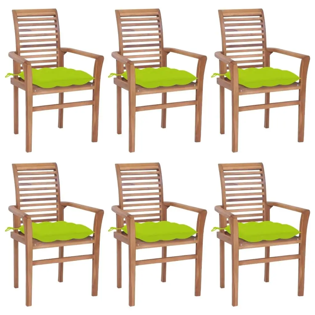 Set of 6 Solid Teak Wood Dining Chairs with Vibrant Green Cushions - Stylish & Comfortable