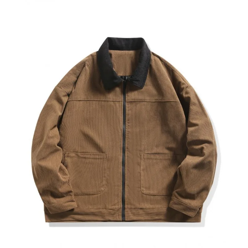 Men Trendy Casual Large Size Loose Corduroy Jacket Color Blocking Lapels Zip Coats Spring Autumn Long Sleeves Tops Men's Jackets