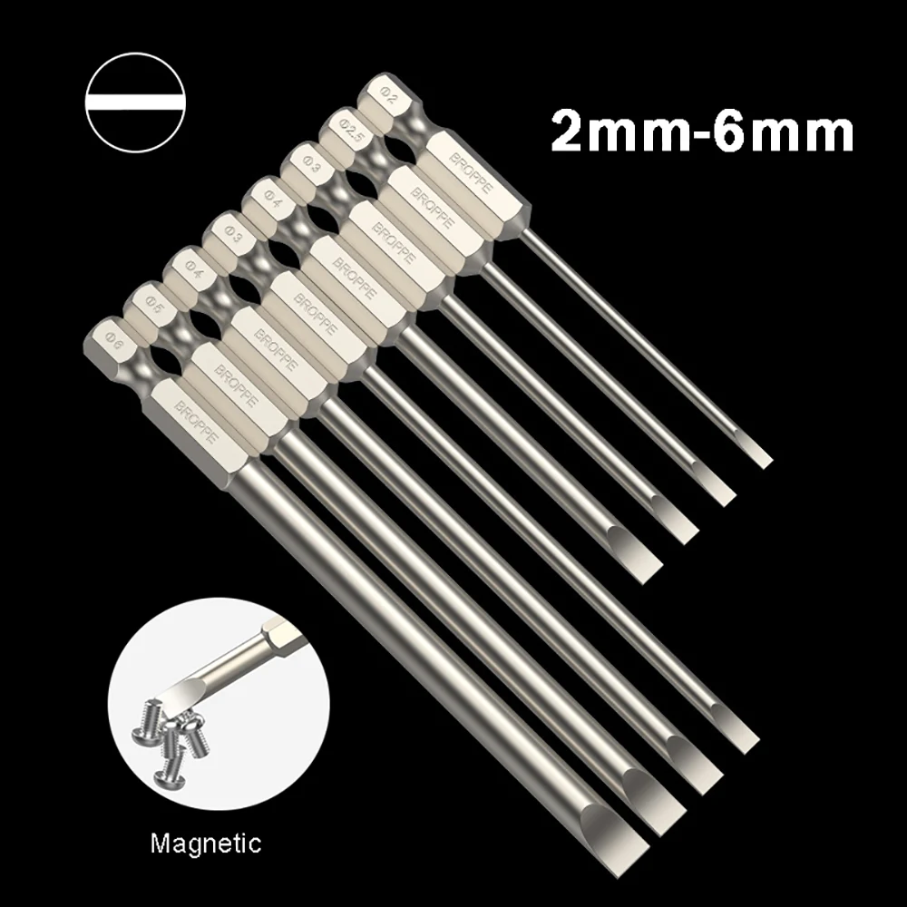 

50/75/100/150mm long 2.0-6.0mm Flat Head Slotted Tip Screwdrivers Bit 1/4" Hex Shank Driver Bits Magnetic Screwdriver Drill Bit