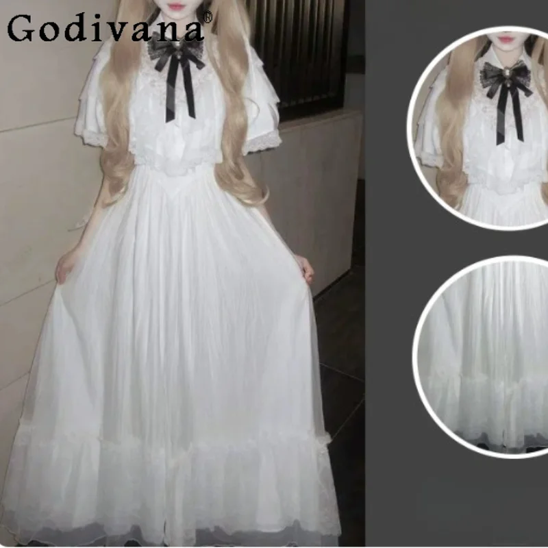 Japanese Elegant Sweet White Heavy Industry Lace Princess Dress Summer New Fashion High Waist A-line Age Reduction Fairy Dresses