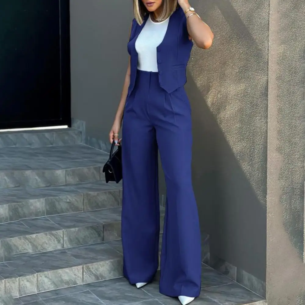 Women Wide Leg Pants with Sleeveless Vest Solid Color High Waist Elegant Lady Baggy Pants Set Casual Streetwear