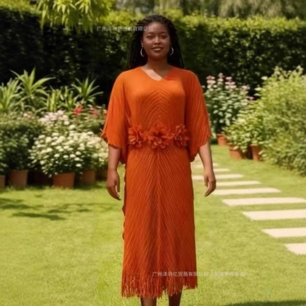 

2025 Autumn New Fashion Temperament Commuter V-neck Medium Sleeve Dragon Scale Pleated Fringe Hollow Design Long Dress