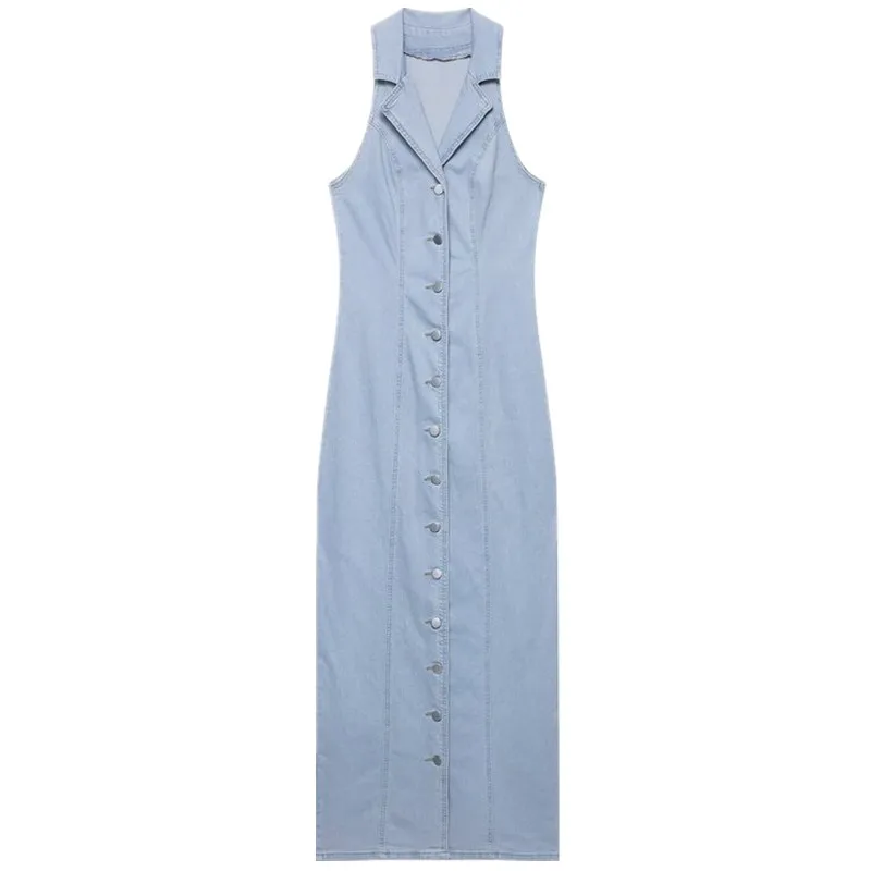 Vestido vaquero estilo vestido tipo ceco con cuello de botones, diseño Hepburn, cintura l y escote en V para mujer, ...