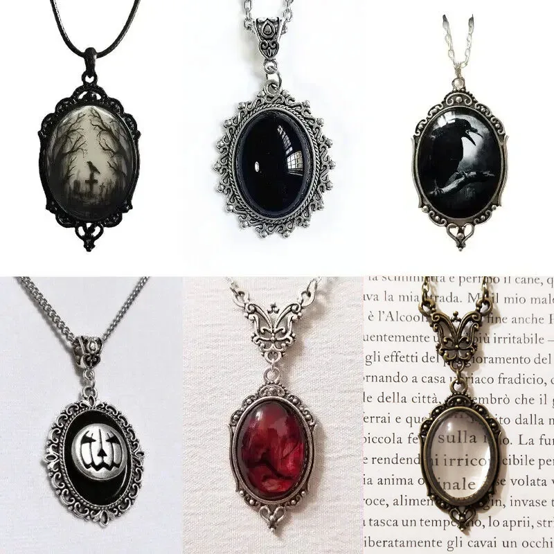 Halloween Gothic Crow Bat Pendant Oval Necklace Women Men Party Jewelry Gifts Vintage Vampire Game Jewelry 2024 New