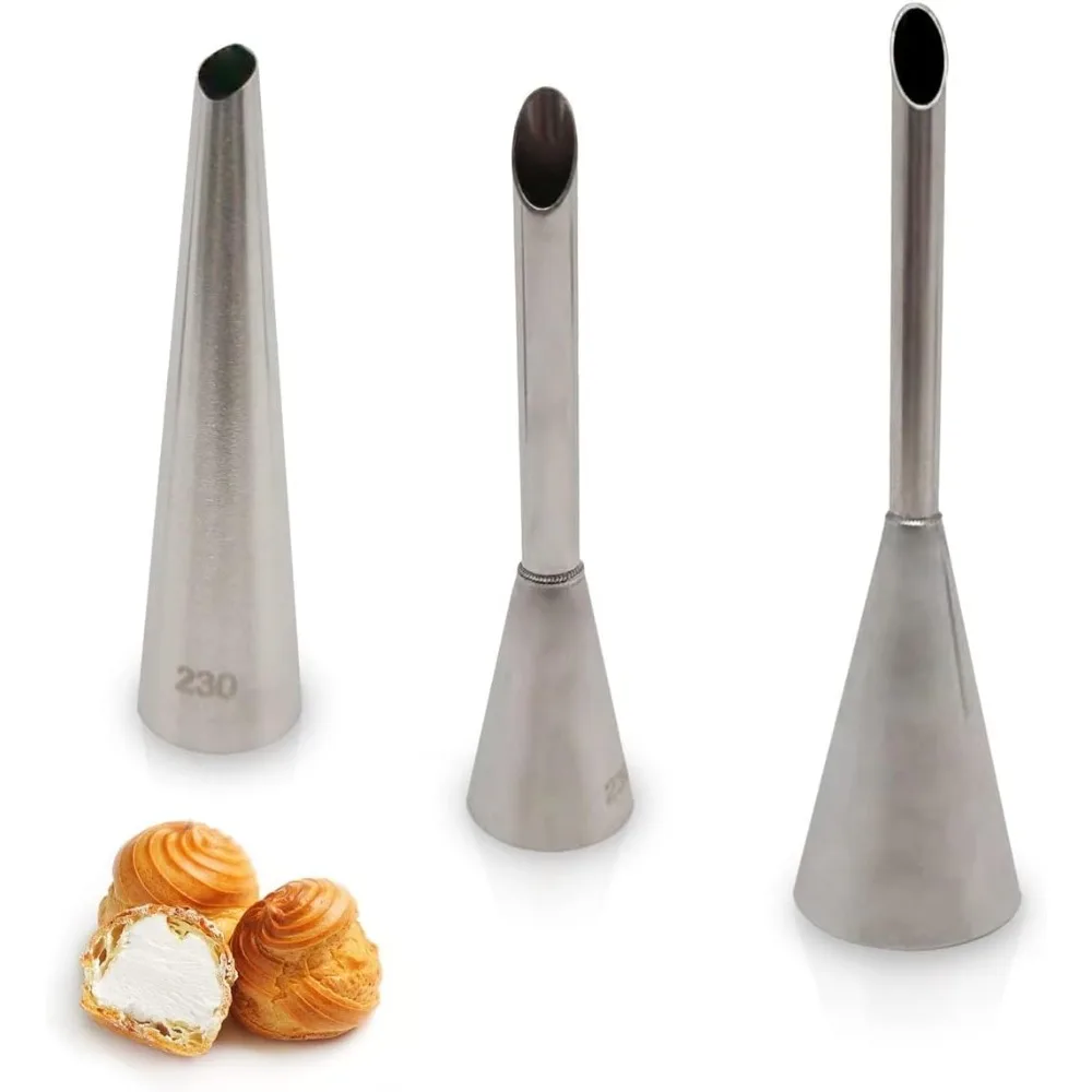 

3 Pcs Piping Tips Set – Easy-to-Use & Clean Stainless Steel Frosting Tips & Eclair Piping Tip for Cream Puff, Donut & Eclair Dec