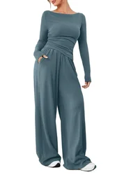 Women Solid Long-sleeved Casual Wide-leg Trousers Fashion Suits Autumn Winter Ladiy Base Layer Home Wear Tops Pant Two-piece Set