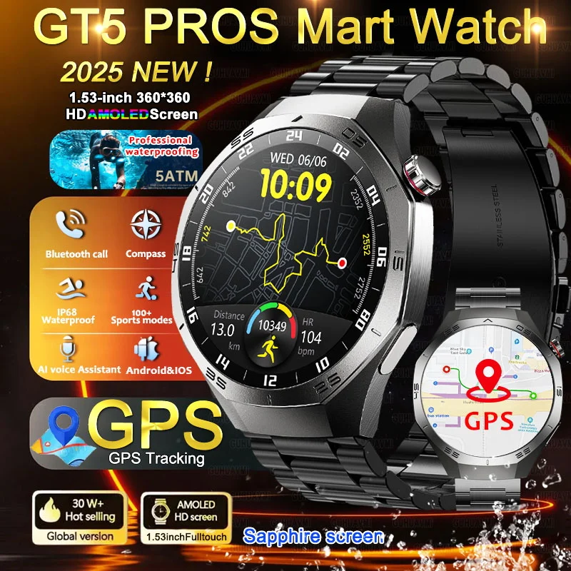 

2025 New GT 5 Pro Smart Watches Men 360*360 HD AMOLED Screen 24h Heart rate Monitoring Men Women GPS Outdoor Sports Smart Watch