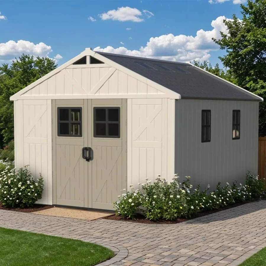 Outdoor storage shed for feet use, resin material, beige color, includes floor and skylight for ventilation and natural light