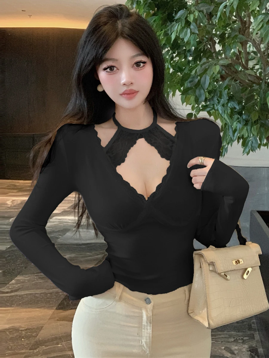 Sexy Lace Patchwork V-Neck Hanging Neck Strap Design Long Sleeve Slimming Base Personality Versatile Top Women's Fashion T-shirt