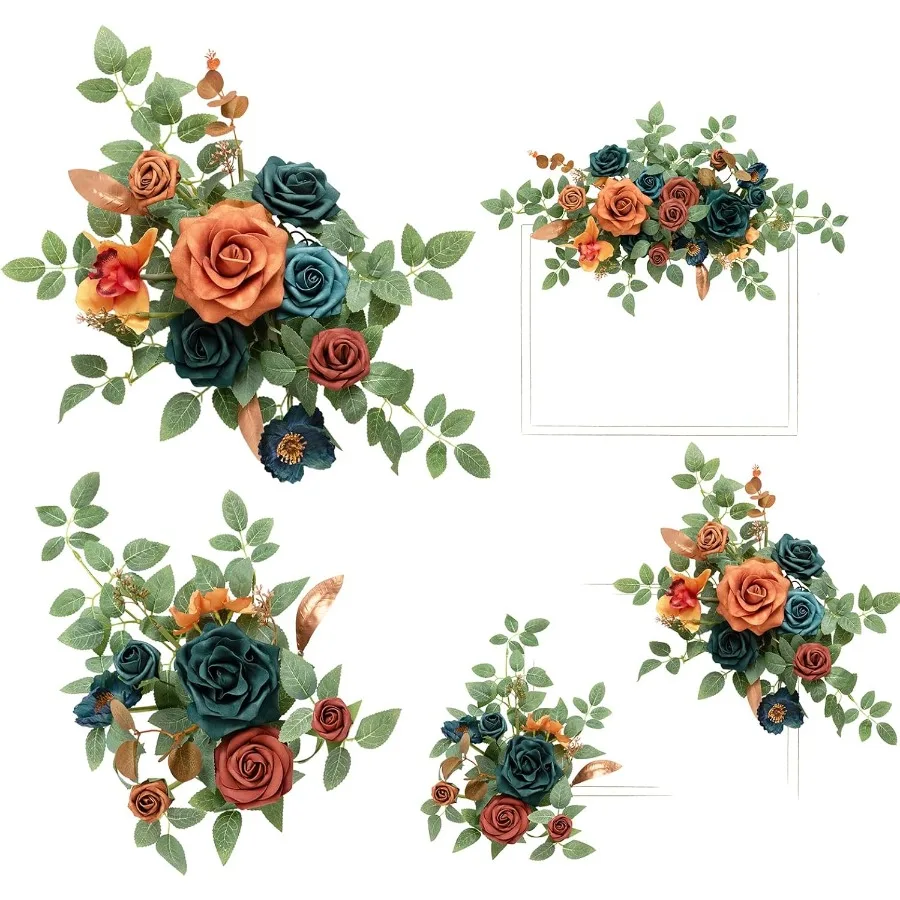 

2pcs Fall Wedding Artificial Floral Swag Welcome Sign Flowers Backdrop Garland Teal Burnt Orange for Ceremony Reception Door Wa
