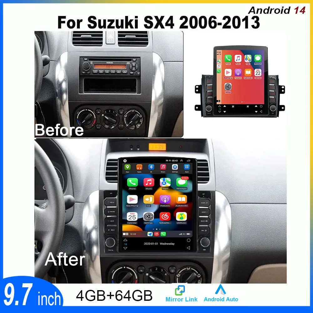 

9.7in Din 4+64G Android 14 Car Stereo Multimedia For Suzuki SX4 2006 - 2013 For Carplay Android Auto Radio Player FM SWC + AHD