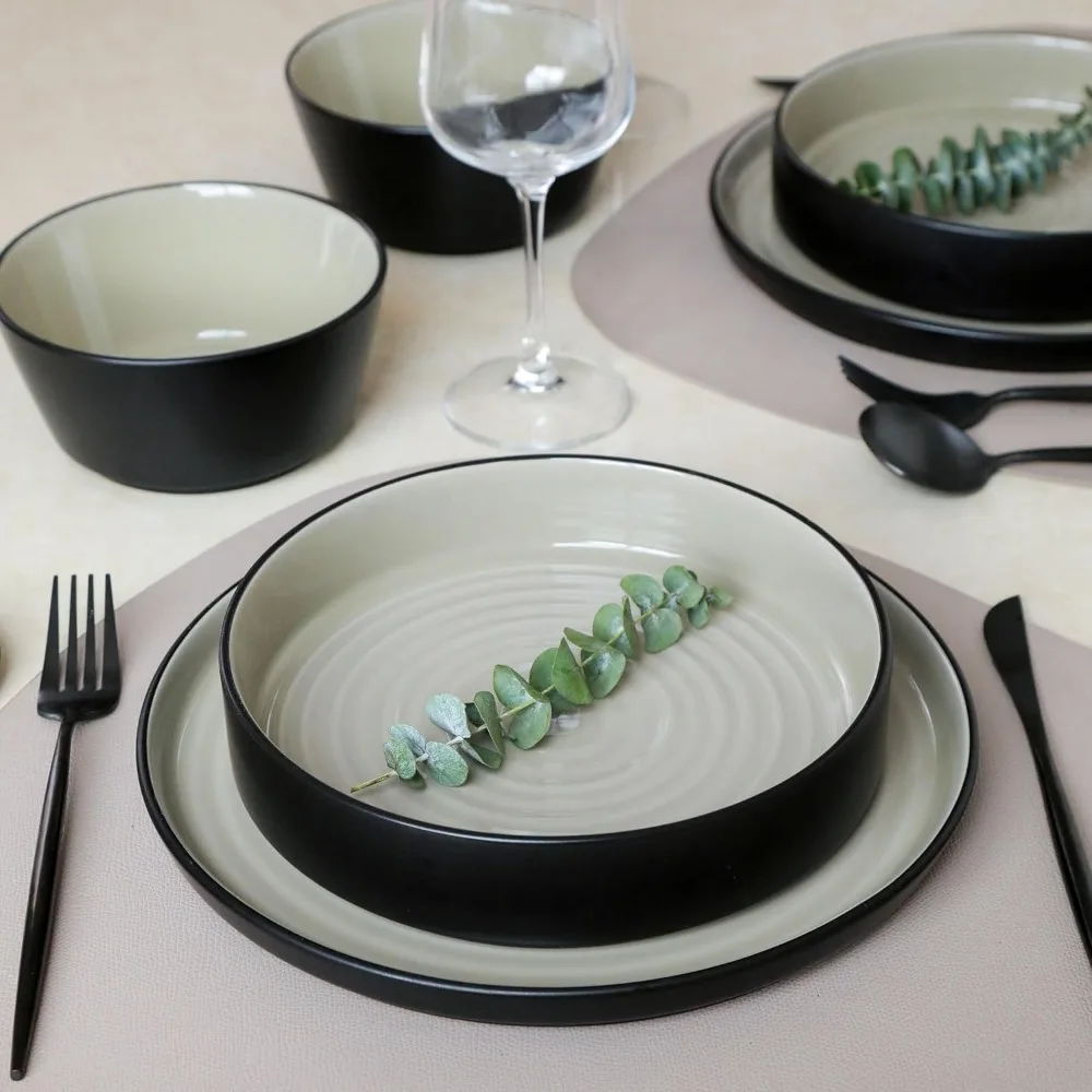 

Elica Stone Lain 24-Piece Stoneware Dinnerware Set for 8, Beige and Black, Modern Plates and Bowls