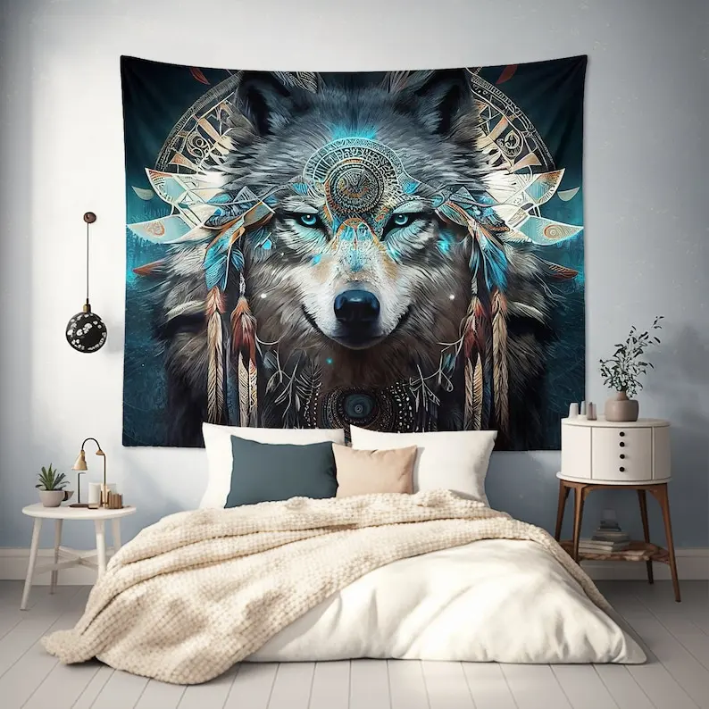 Shamanic Tribal Wolf Wall Hanging Tapestry Art Home Decor for Kids Room Living Bedroom Dorm gift