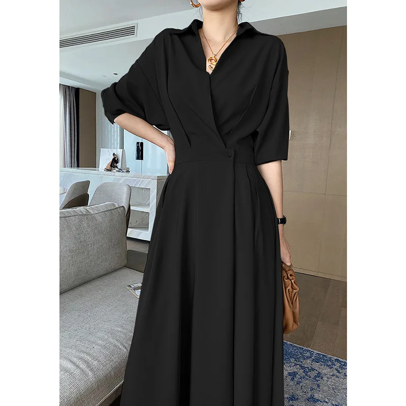 

Women's Half Bat Sleeve Dress, Tight Waist Long Dress, Black Cover Shirt Collar Dress, Monochromatic Summer Dress, M, 5XL