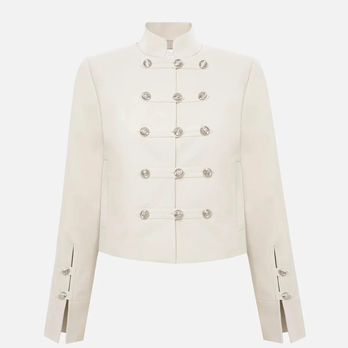 IG 2026 Women's Military Style Cropped Jacket, Stand Collar Multi Row Double Silver Button Front Long Sleeve Split Cuff Slim Fit